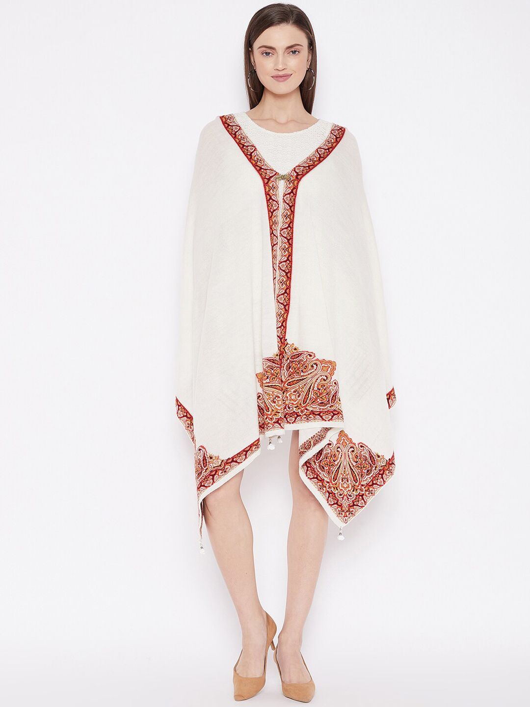 Knitstudio Women White & Brown Embroidered Shawl Price in India