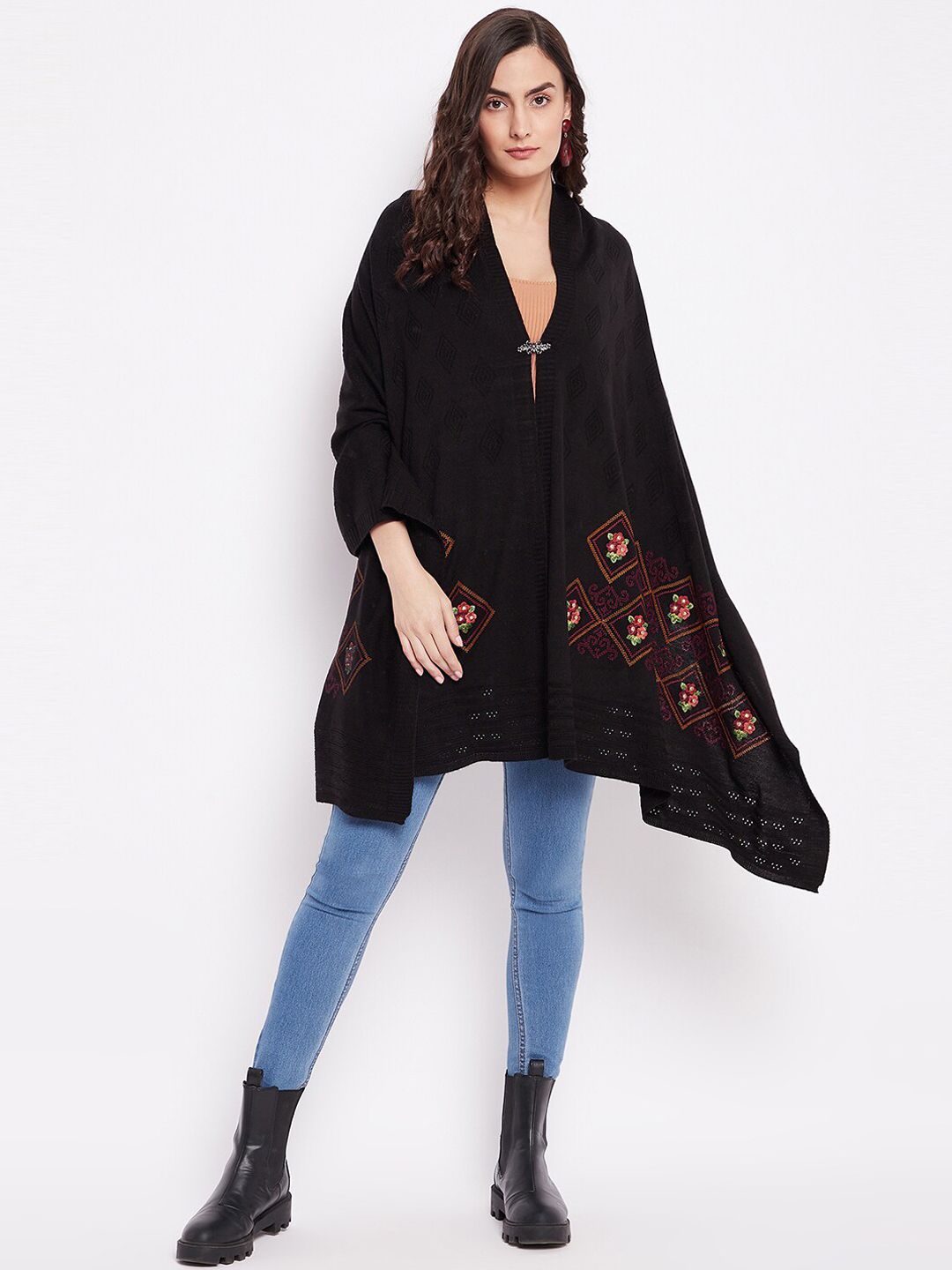 Knitstudio Women Black Solid Knitted Shawl Price in India