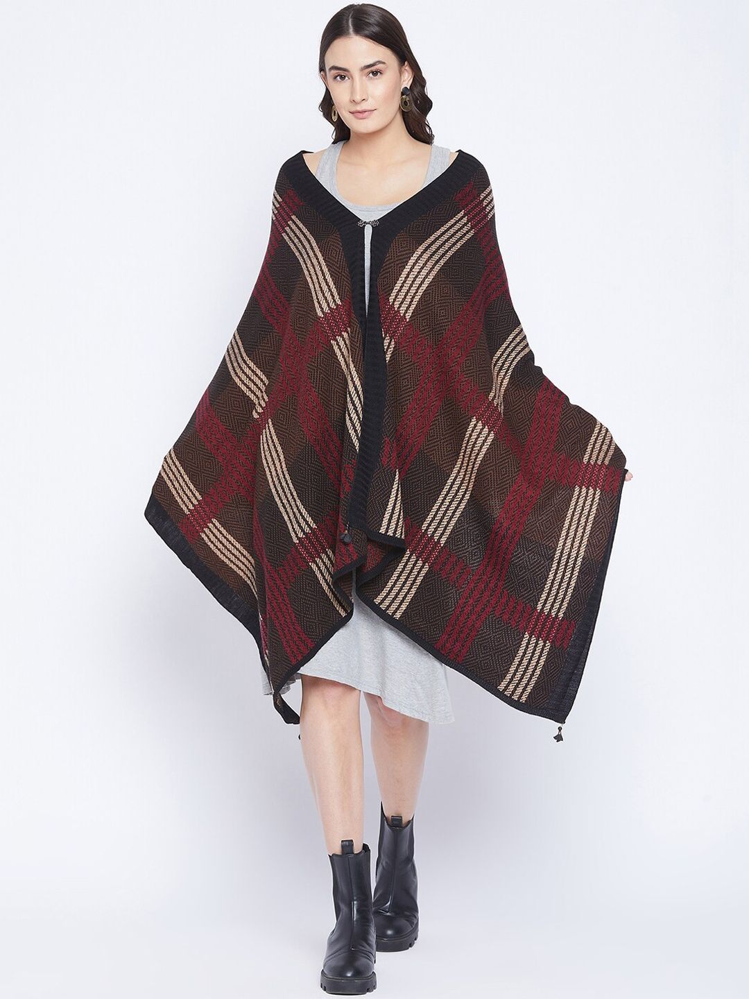 Knitstudio Women Black & Maroon  Checked Knitted Shawl Price in India