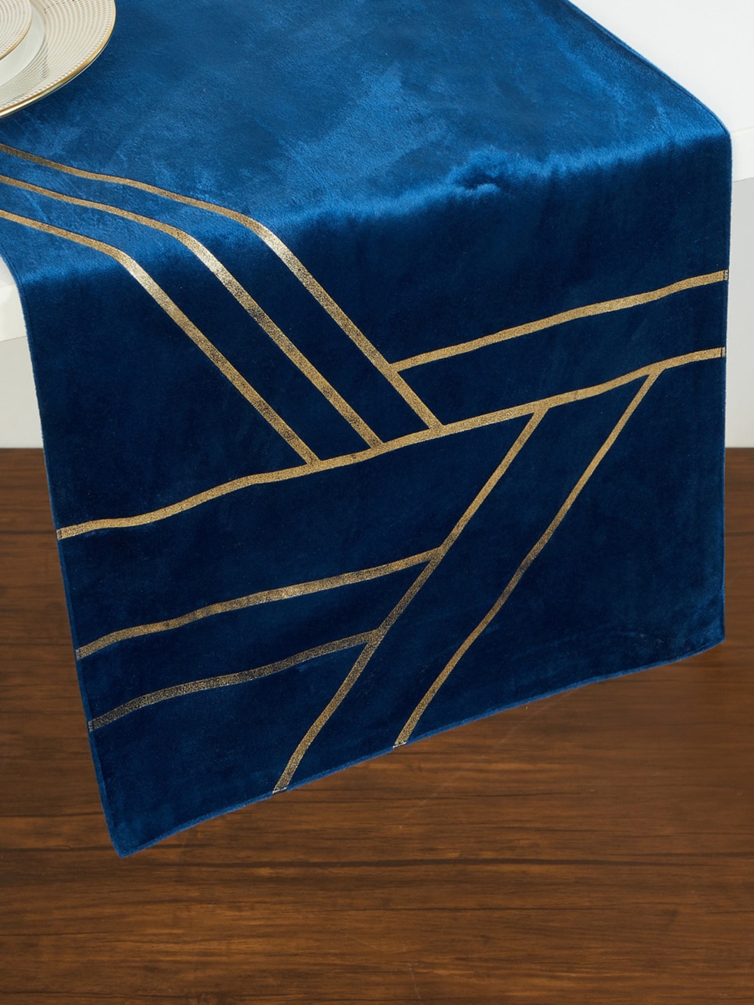Home Centre Blue & Gold-Coloured Striped Pure Cotton Table Runner Price in India