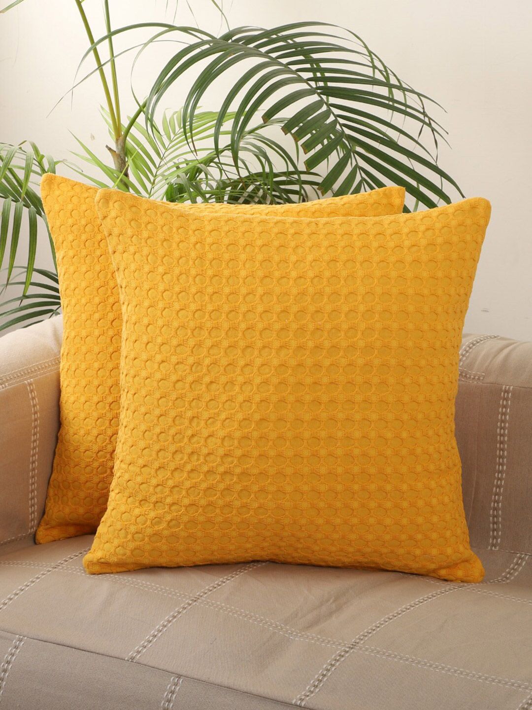 Jamio Firati Yellow Set of 2 Textured Square Cushion Covers Price in India