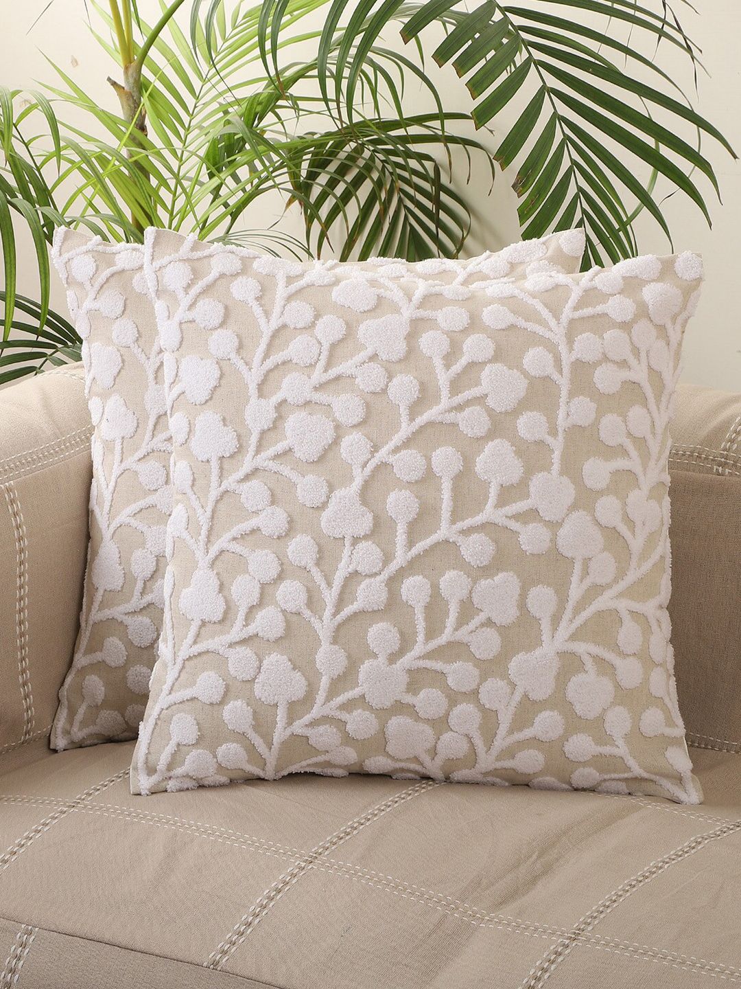 Jamio Firati Grey & White Set of 2 Floral Embroidered Square Cushion Covers Price in India