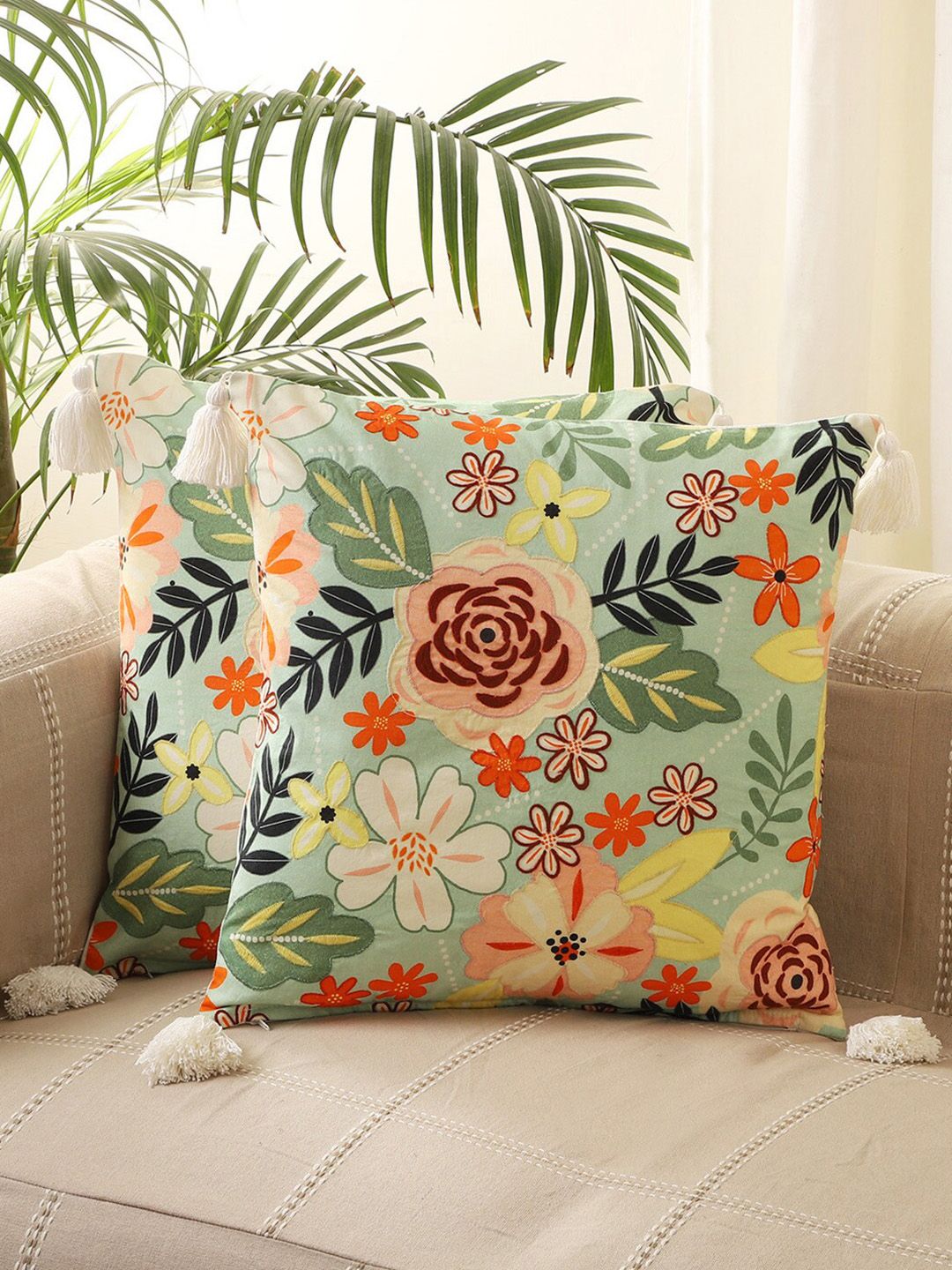 Jamio Firati Green & Pink Set of 2 Floral Square Cushion Covers Price in India