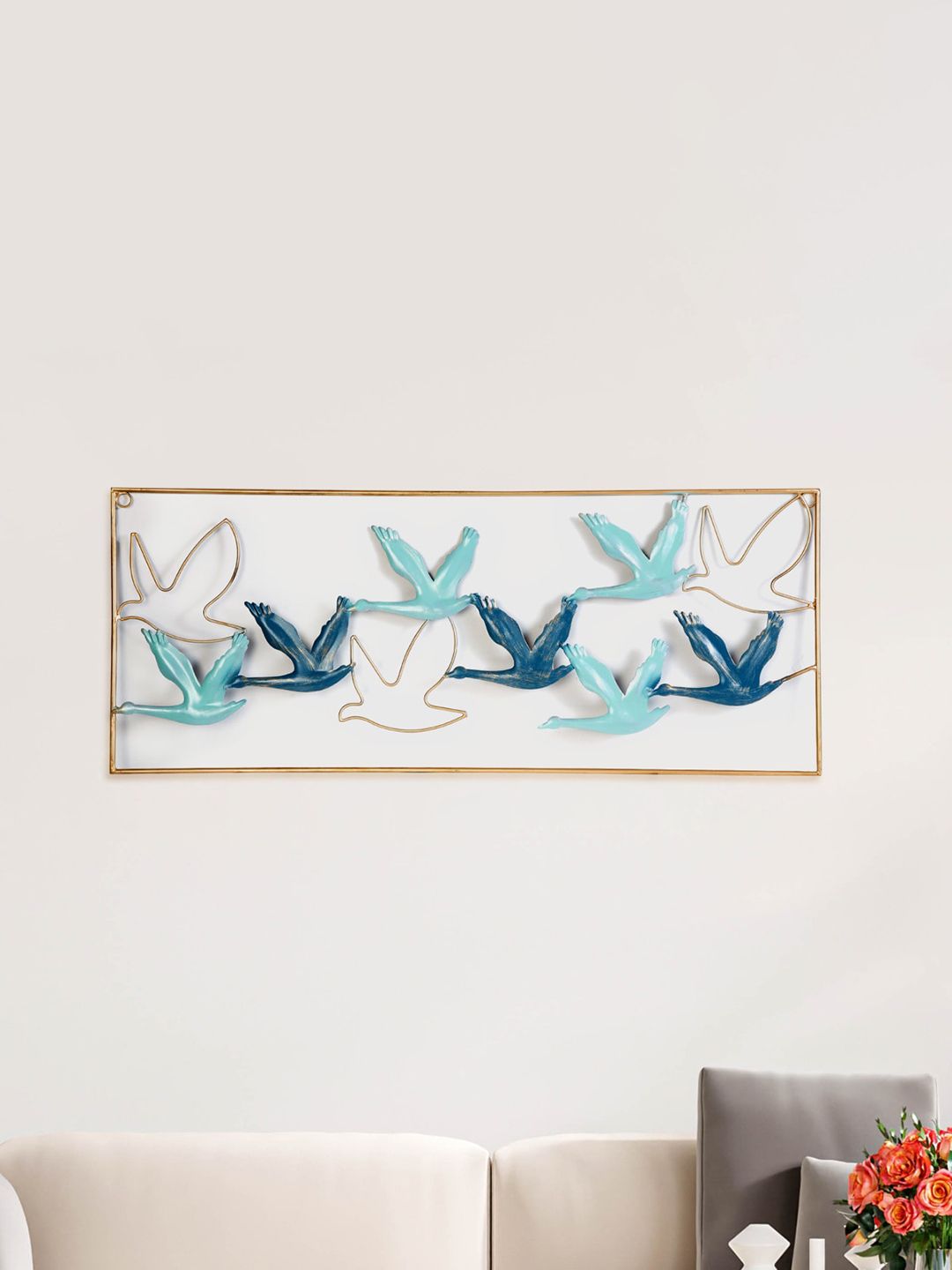 Home Centre Turquoise Blue & Golden Steffi Textured Flying Birds Metal Wall Art Price in India