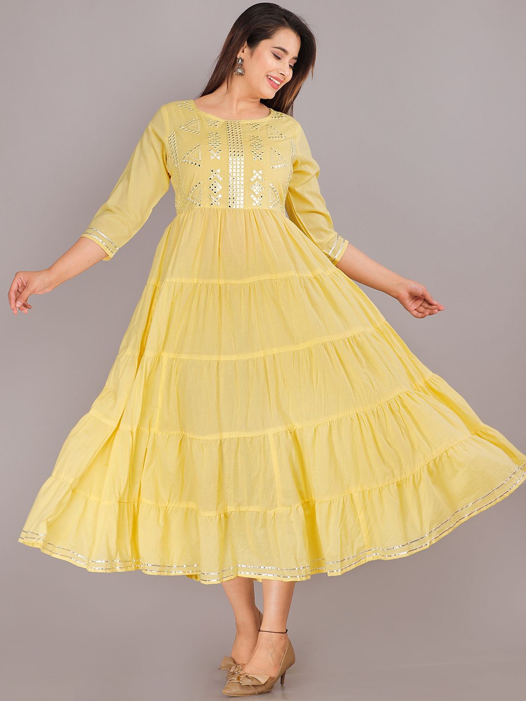 KALINI Women Yellow Mirror Work Tiered Cotton Ethnic Dress Price in India