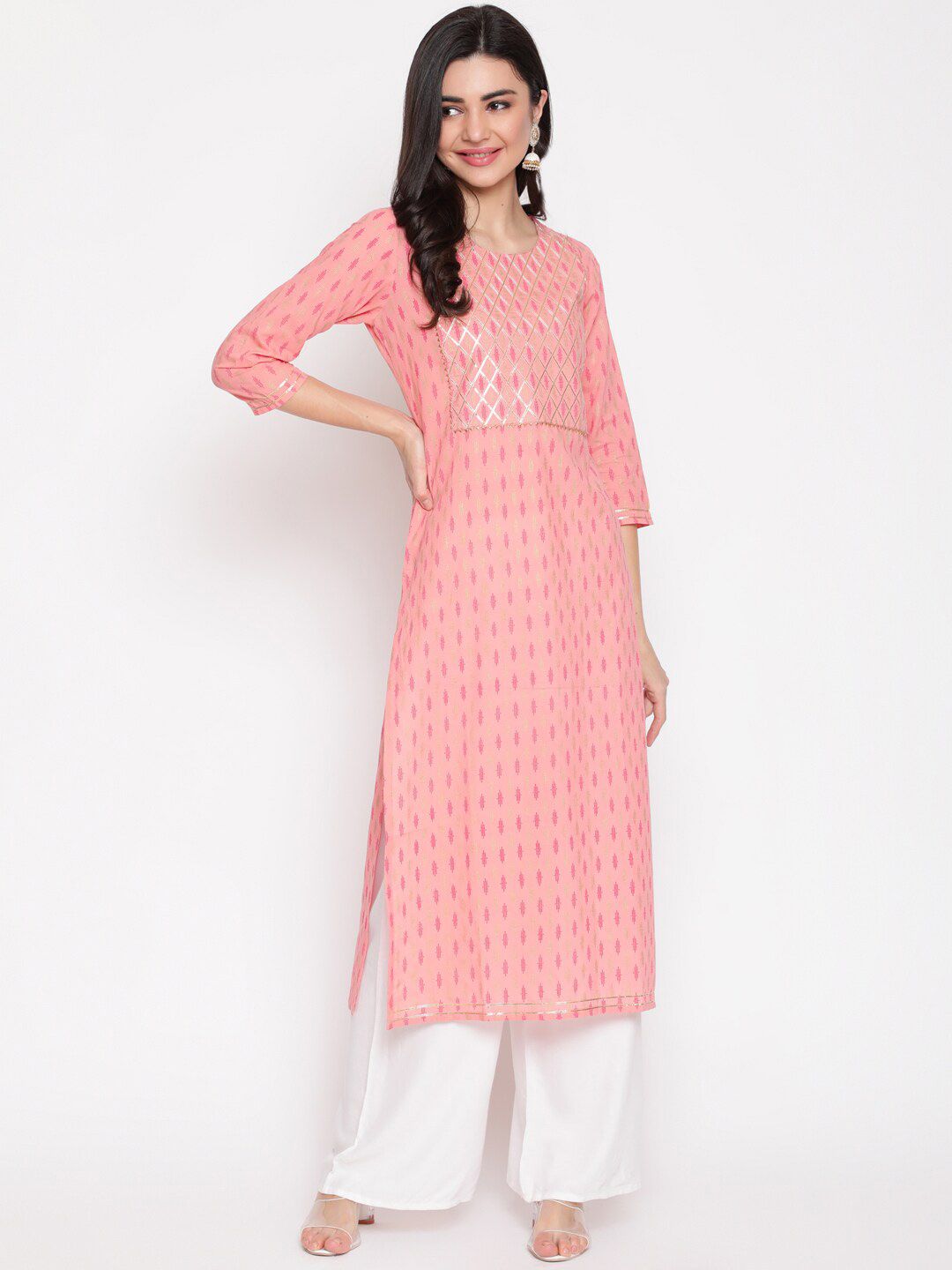 WOMENCLICK Women Pink Ethnic Motifs Embroidered Thread Work Floral Kurta Price in India