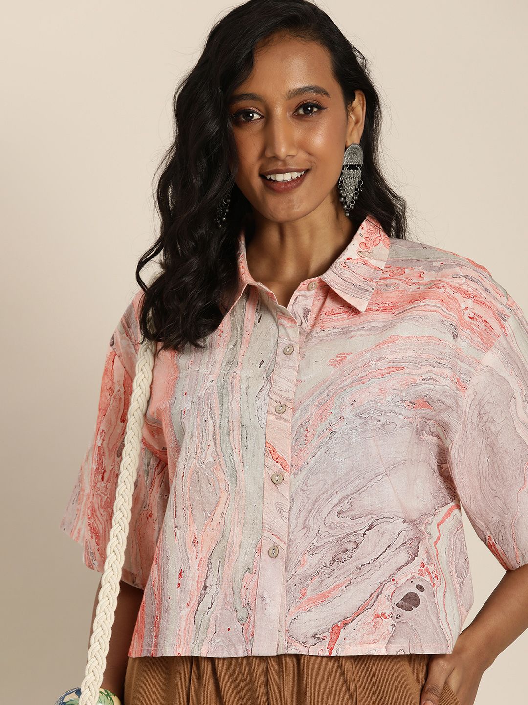 Taavi Grey & Pink Hand Dyed Marbling Pure Cotton Shirt Style Top Price in India