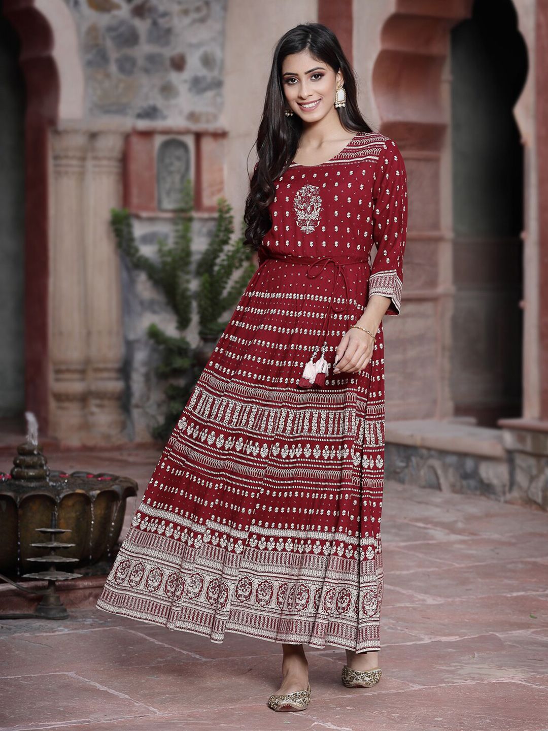 Juniper Maroon Ethnic Maxi Dress Price in India