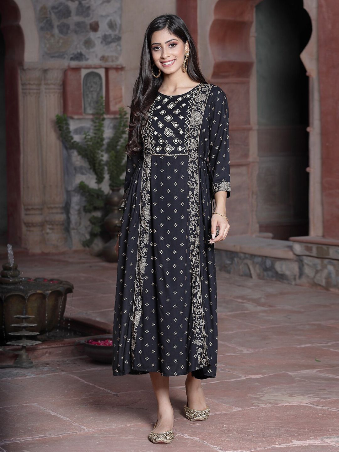 Juniper Black Ethnic A-Line Maxi Dress Price in India