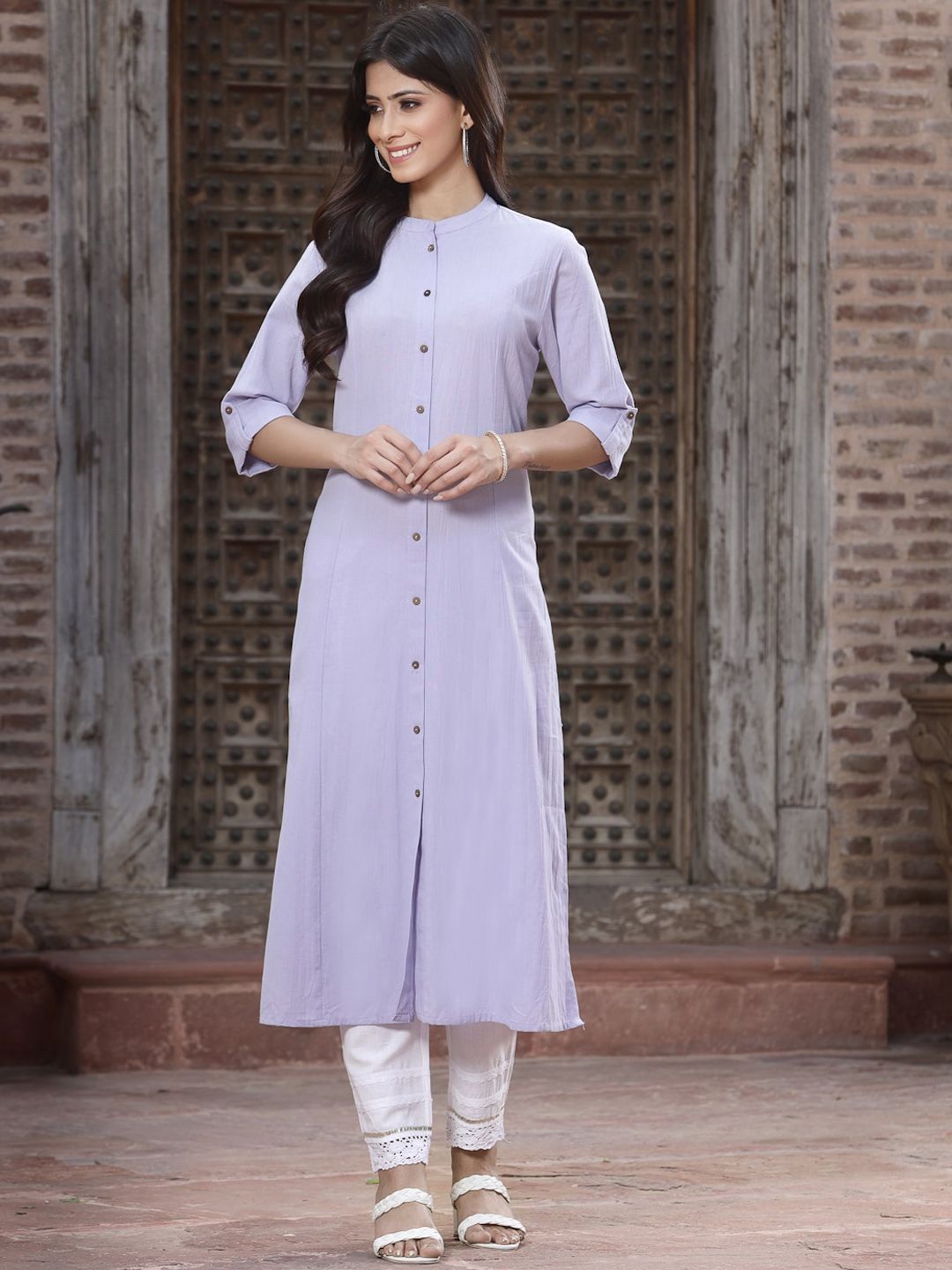 Juniper Women Lavender Striped Flared Sleeves Thread Work Kurta Price in India