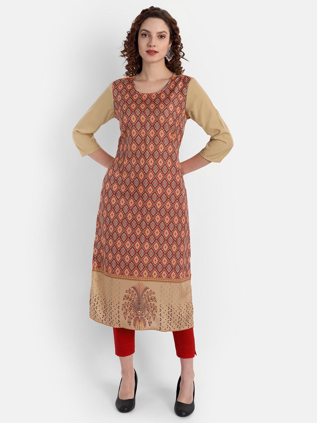 soan Women Beige Floral Printed Crepe Kurta Price in India