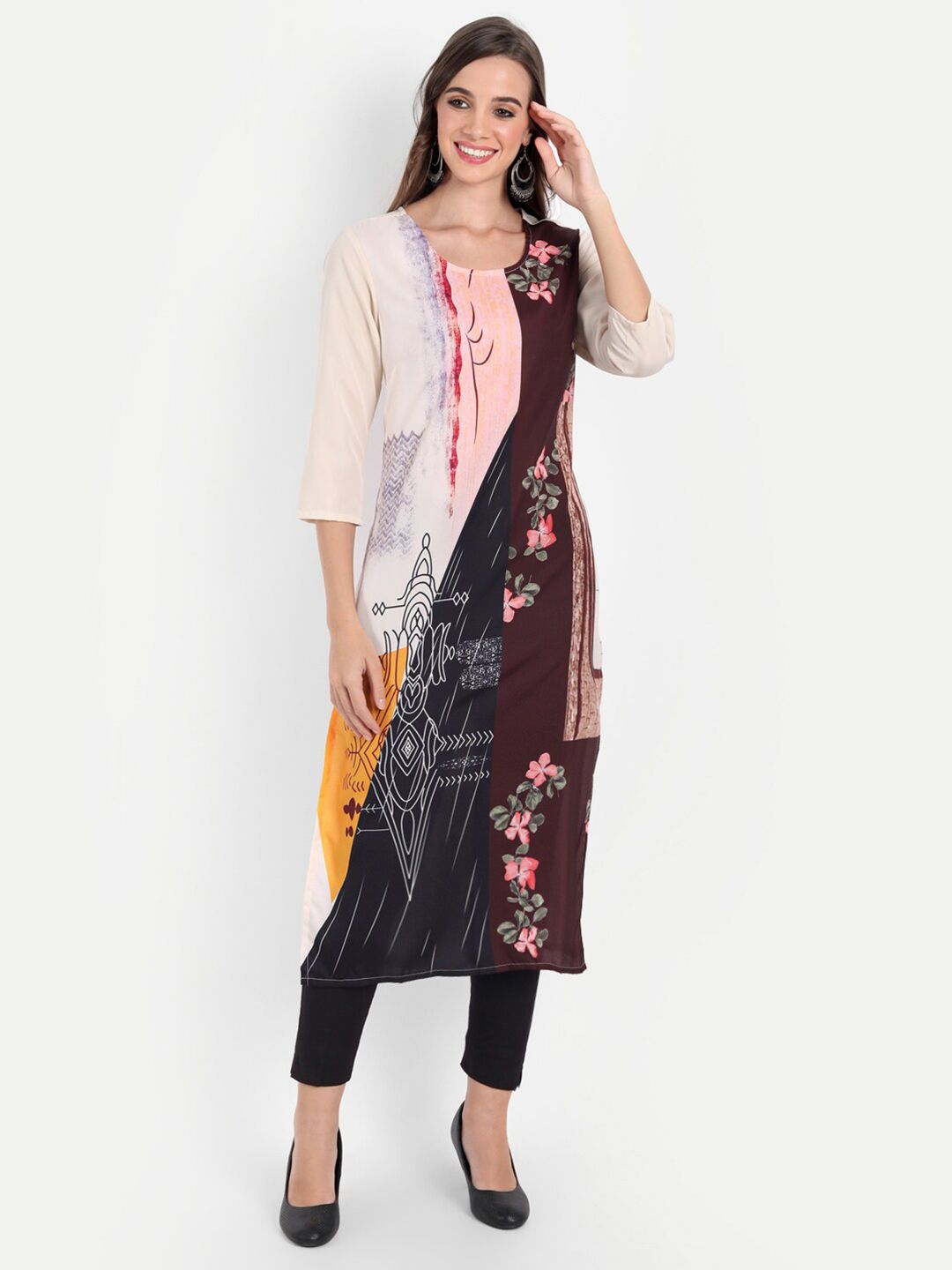 soan Women Cream-Coloured & Navy Blue Floral Printed Crepe Kurta Price in India