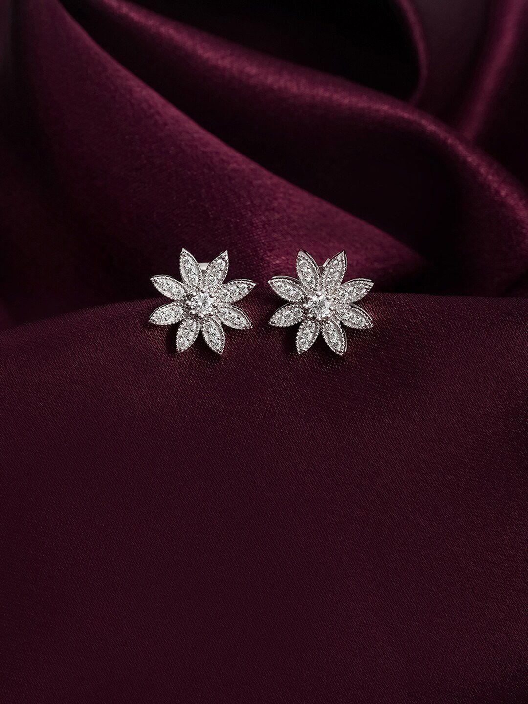 Voylla 925 Sterling Silver American Diamond Flower Stud Earrings Price in India