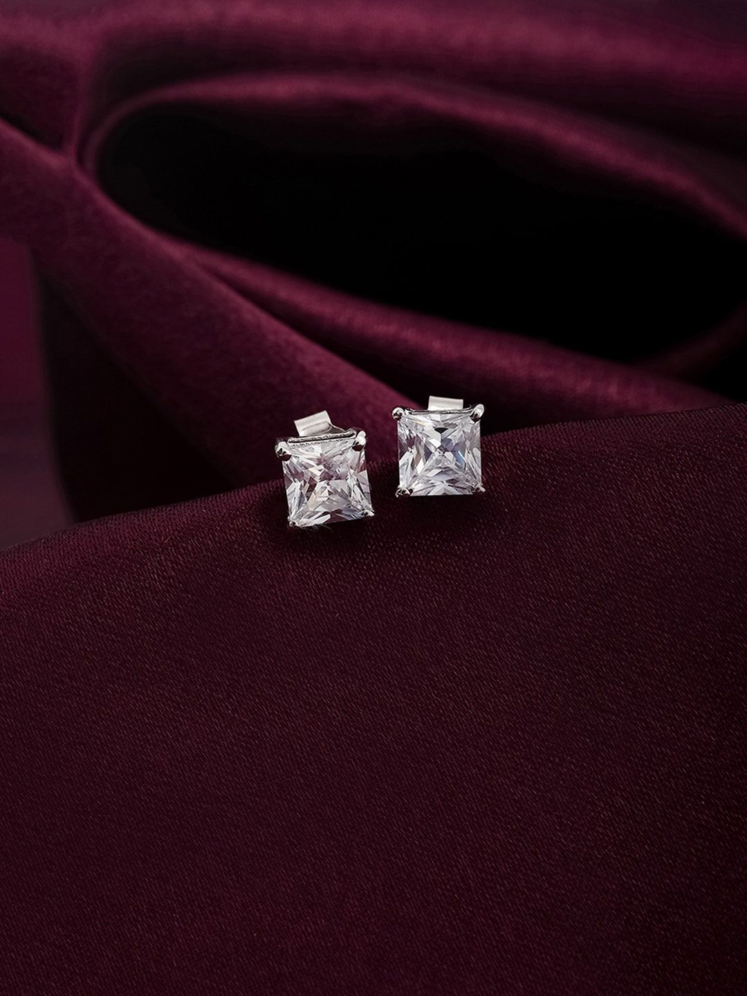 Voylla 925 Sterling Silver American Diamond CZ Jewellery Silver Plated Stud Earrings Price in India