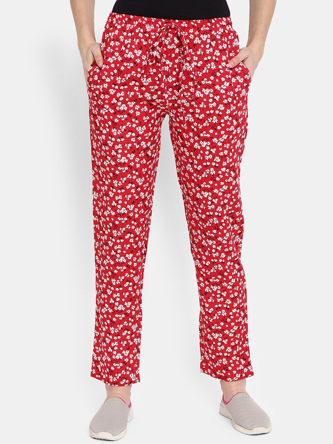 V-Mart Women Red & White Floral Printed Lounge Pants Price in India