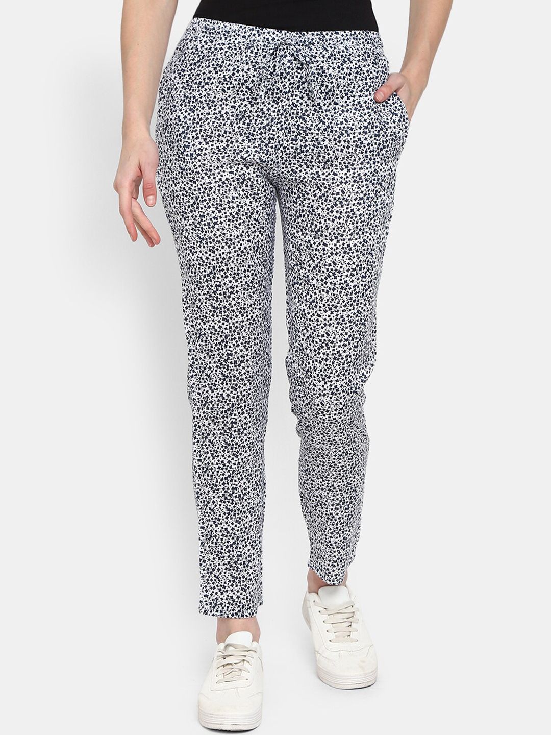 V-Mart Women White & Navy Blue Floral Printed Lounge Pants Price in India