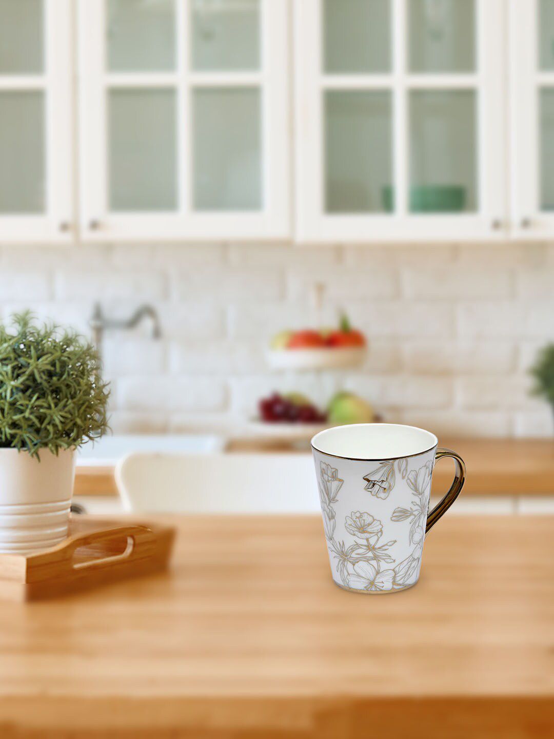 Athome by Nilkamal Set Of 1 Gold-Toned & Grey Floral Printed Matte Mugs Price in India