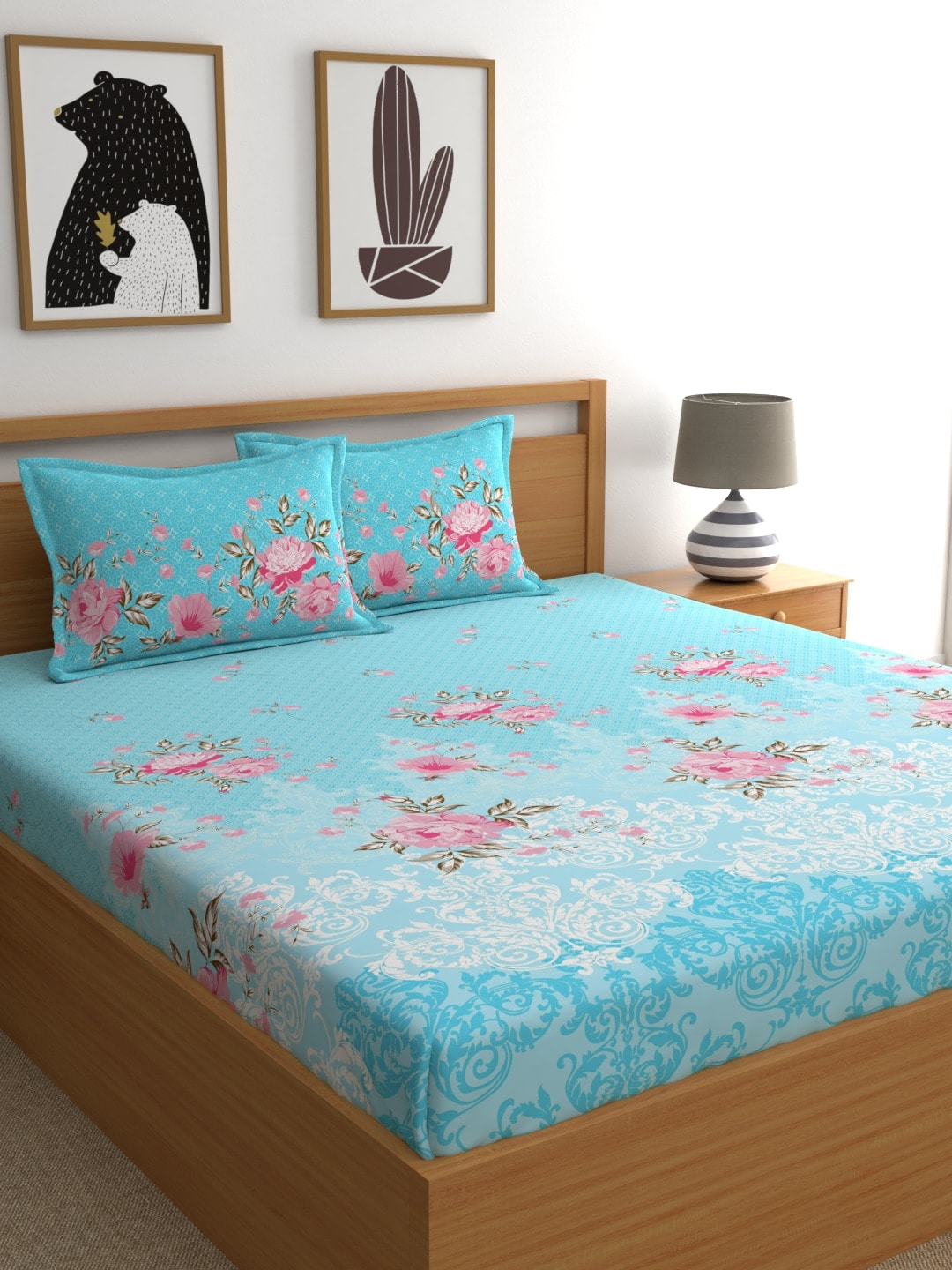 Dreamscape Blue & Pink Floral Printed 140 TC Double Queen Bedsheet With 2 Pillow Covers Price in India