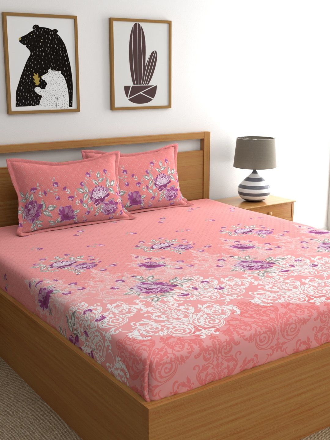 Dreamscape Pink & Purple Floral 140 TC Queen Bedsheet with 2 Pillow Covers Price in India