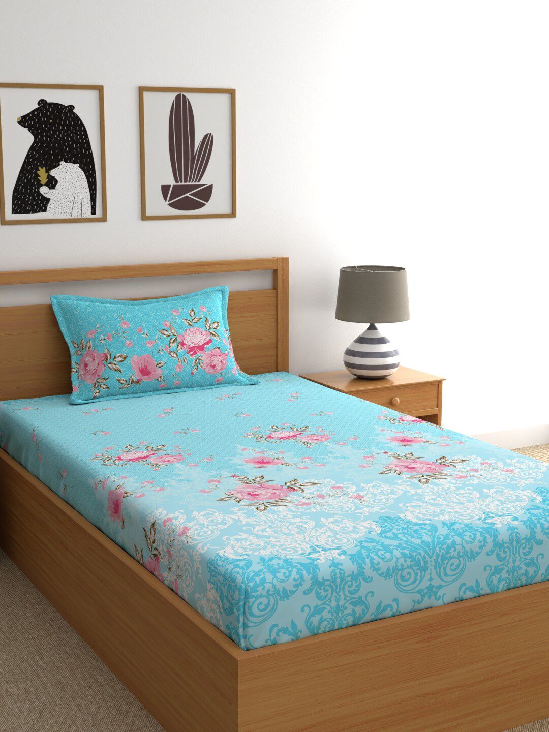 Dreamscape Blue & Pink Floral 140 TC Single Bedsheet with 1 Pillow Covers Price in India
