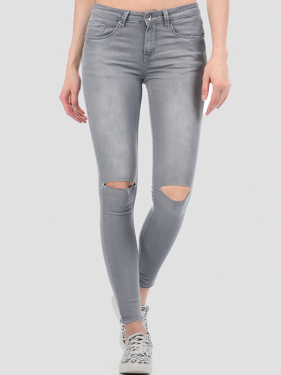 TALIA Women Grey Skinny Fit Slash Knee Heavy Fade Stretchable Jeans