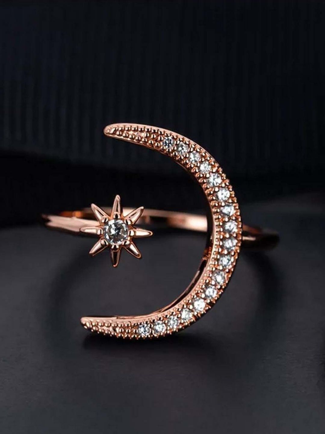 UNIVERSITY TRENDZ Rose Gold-Plated White CZ-Studded Star & Moon Charm Open Finger Ring Price in India