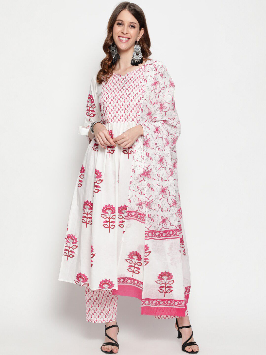 THE NKS PLUS Women White Floral Printed Pleated Kurta & Palazzos With Dupatta Price in India