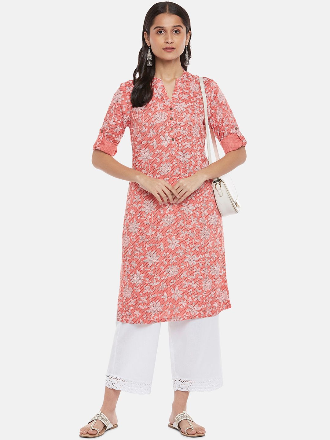 RANGMANCH BY PANTALOONS Women Orange Floral Printed Cold-Shoulder Sleeves Thread Work Kurta Price in India
