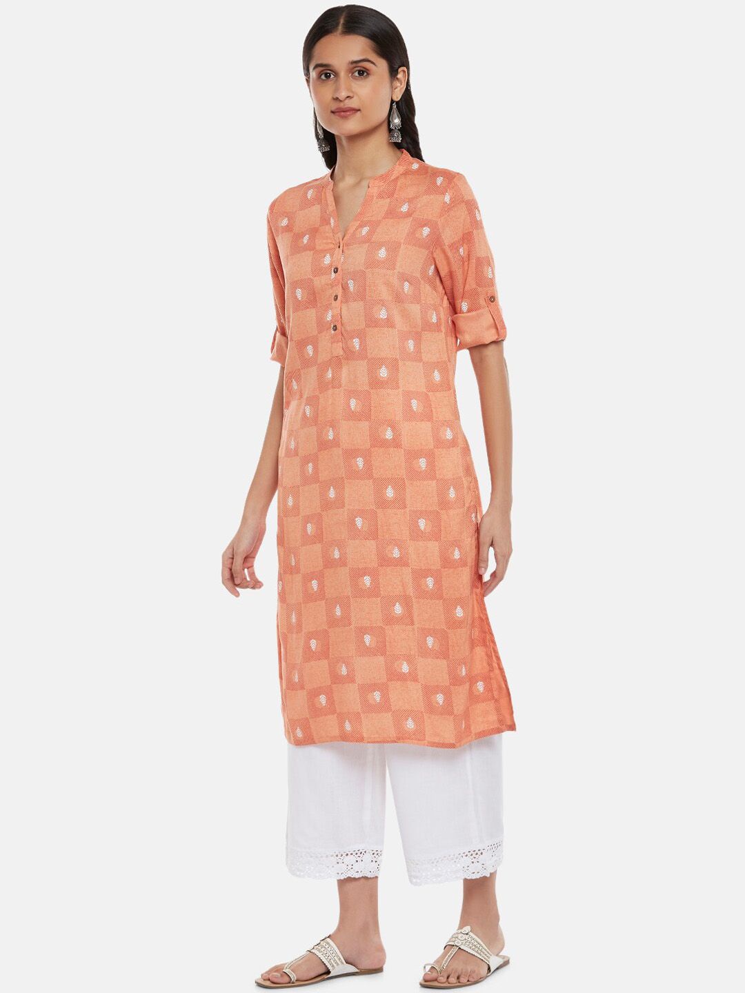 RANGMANCH BY PANTALOONS Women Orange Embroidered Cold-Shoulder Sleeves Kurta Price in India