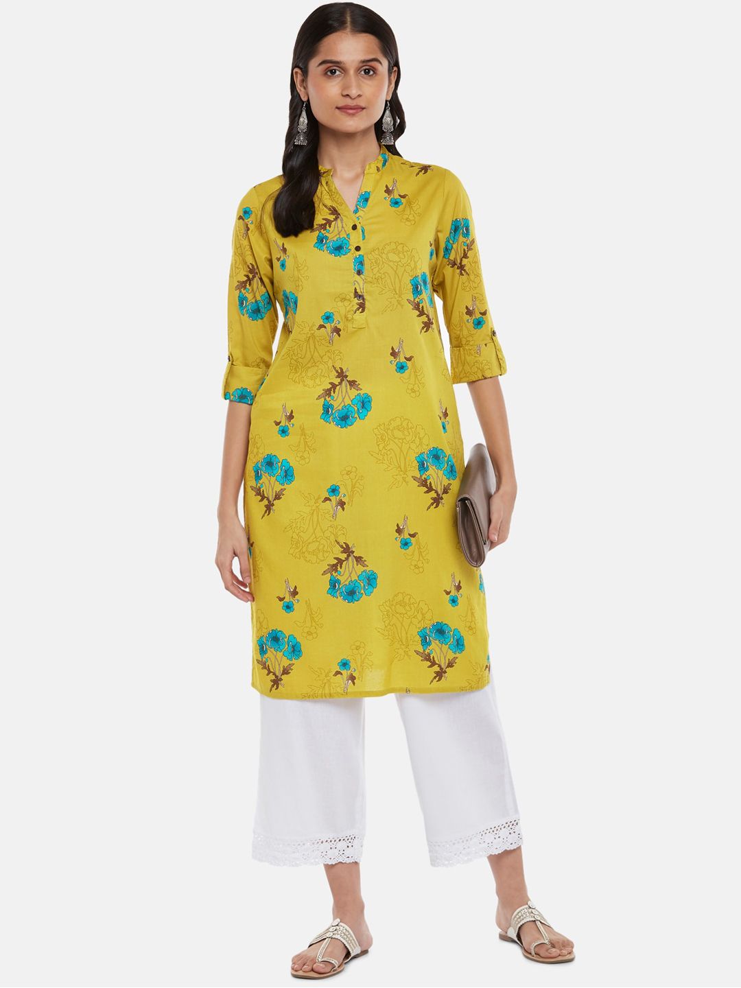 RANGMANCH BY PANTALOONS Women Mustard Yellow Floral Embroidered Thread Work Kurta Price in India