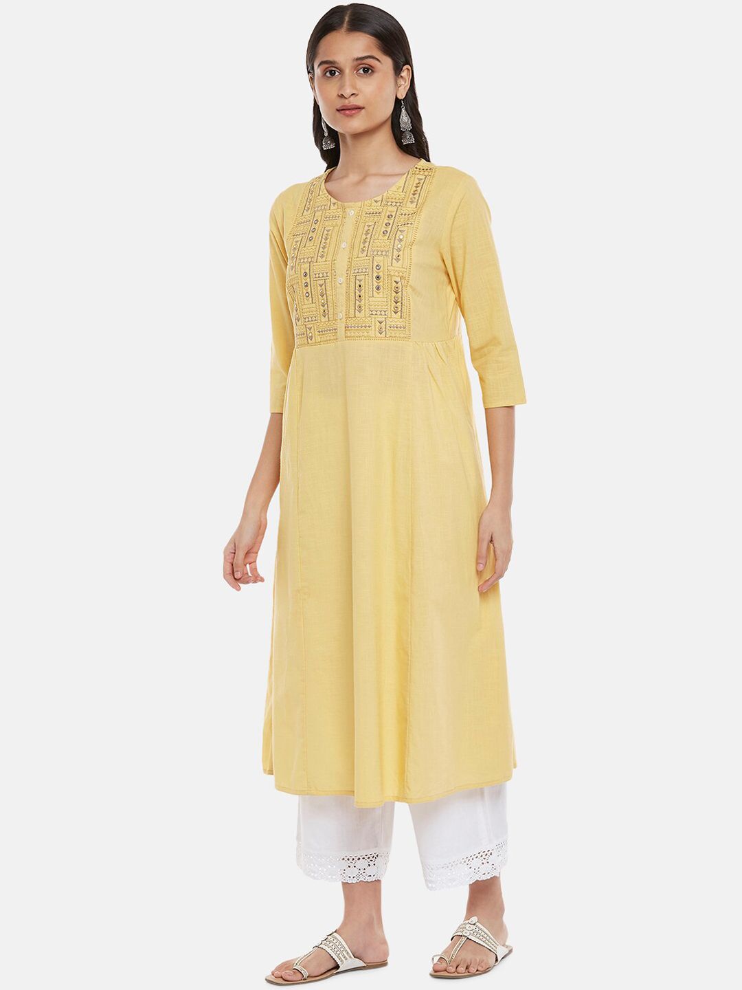 RANGMANCH BY PANTALOONS Women Mustard Yellow Yoke Design Flared Sleeves Thread Work Anarkali Kurta Price in India