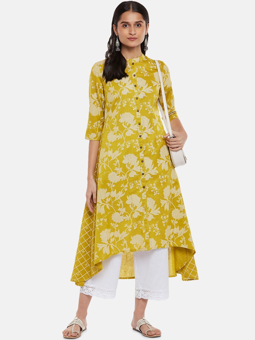 RANGMANCH BY PANTALOONS Women Yellow Floral Printed Flared Sleeves Anarkali Kurta Price in India