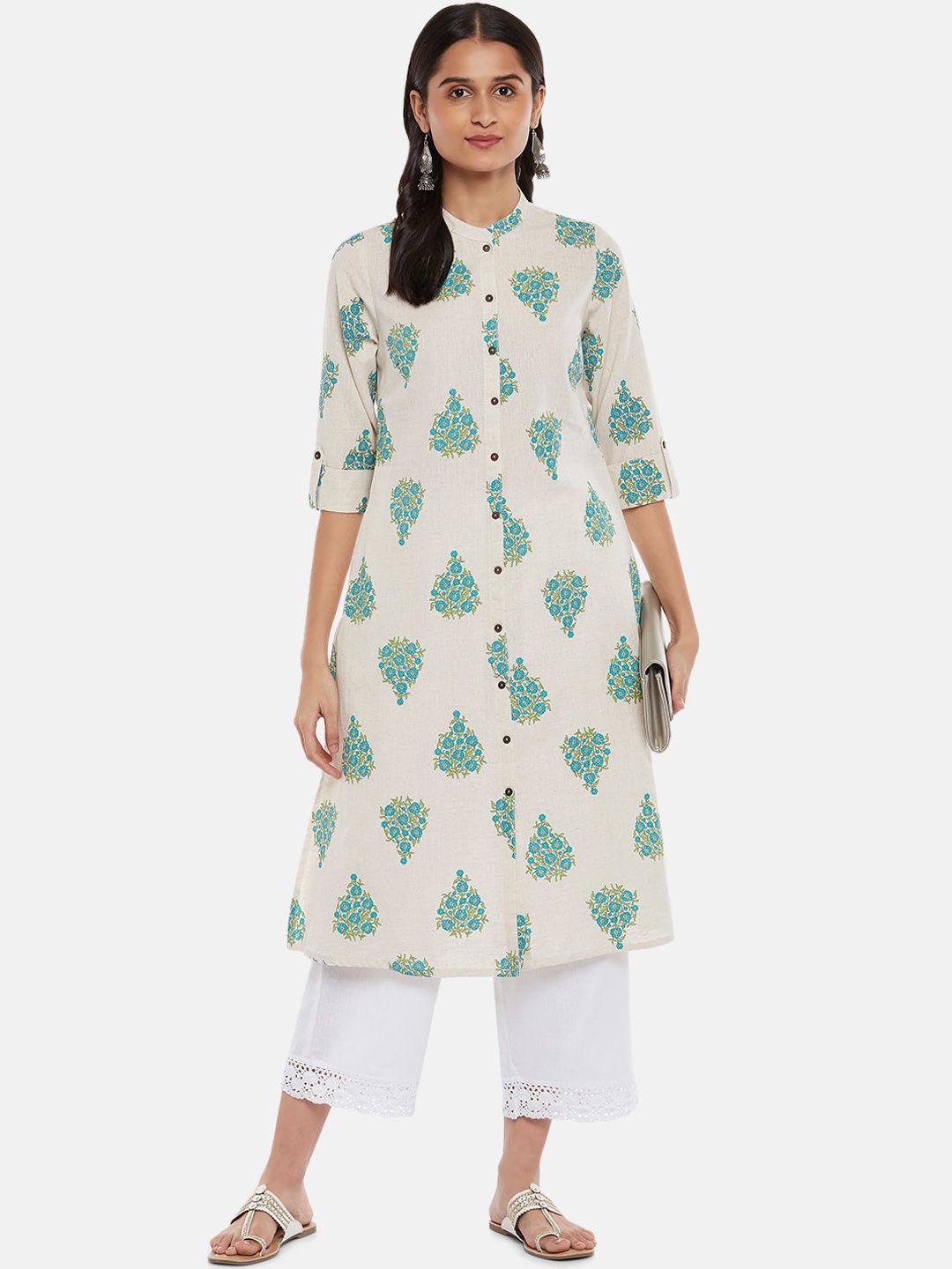 RANGMANCH BY PANTALOONS Women Off White Floral Embroidered Thread Work Kurta Price in India