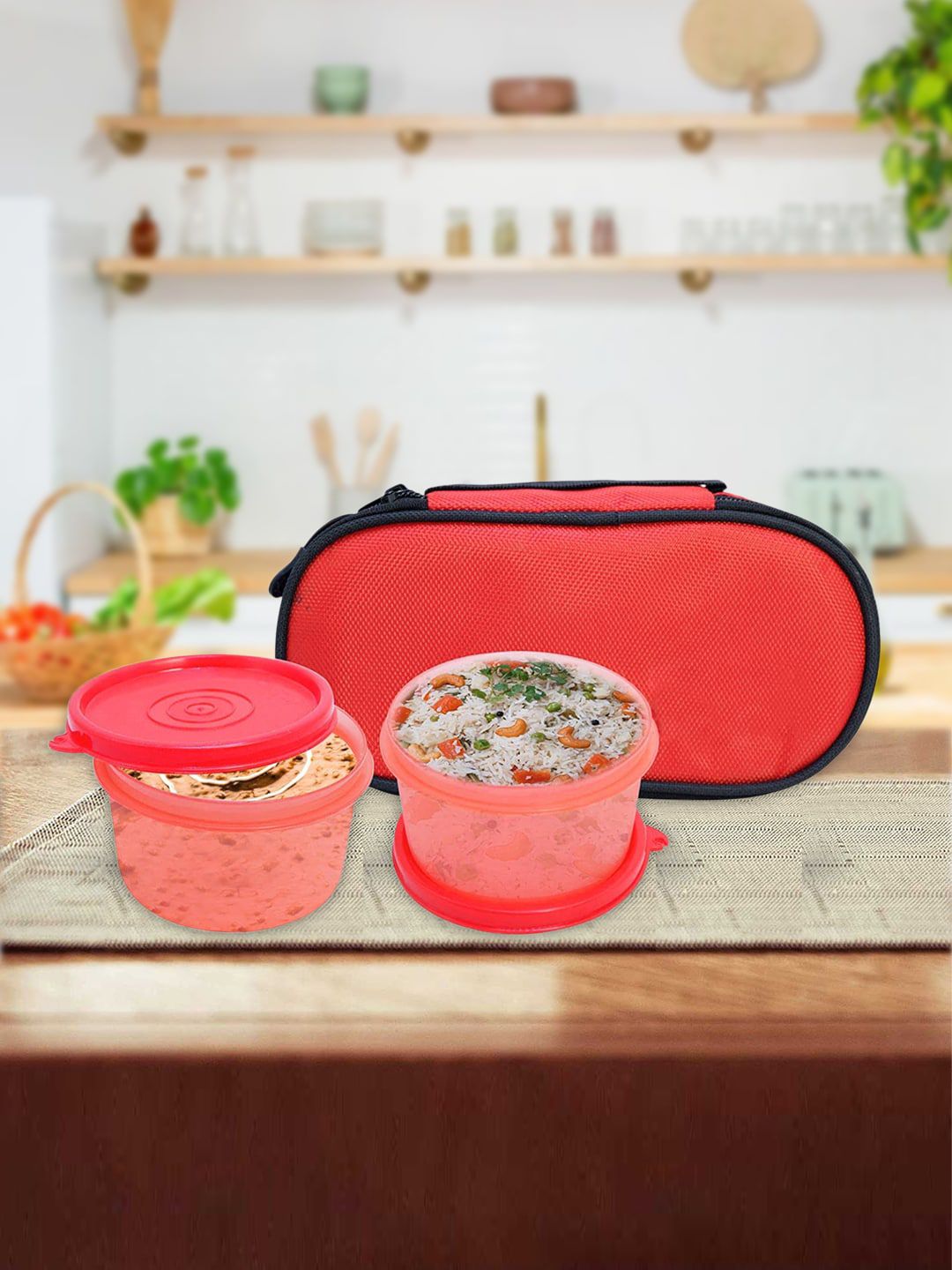 Kuber Industries Red Solid Lunch Box With Two Containers Price in India