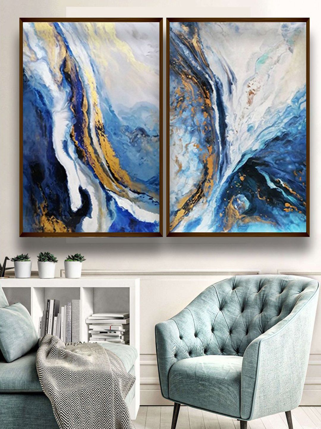 The Art House Set Of 2 Blue & White Abstract Wall Art Price in India