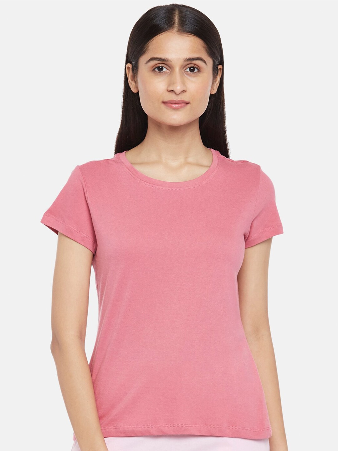 Dreamz by Pantaloons Pink Solid Round Neck Pure Cotton Regular Lounge tshirt Price in India