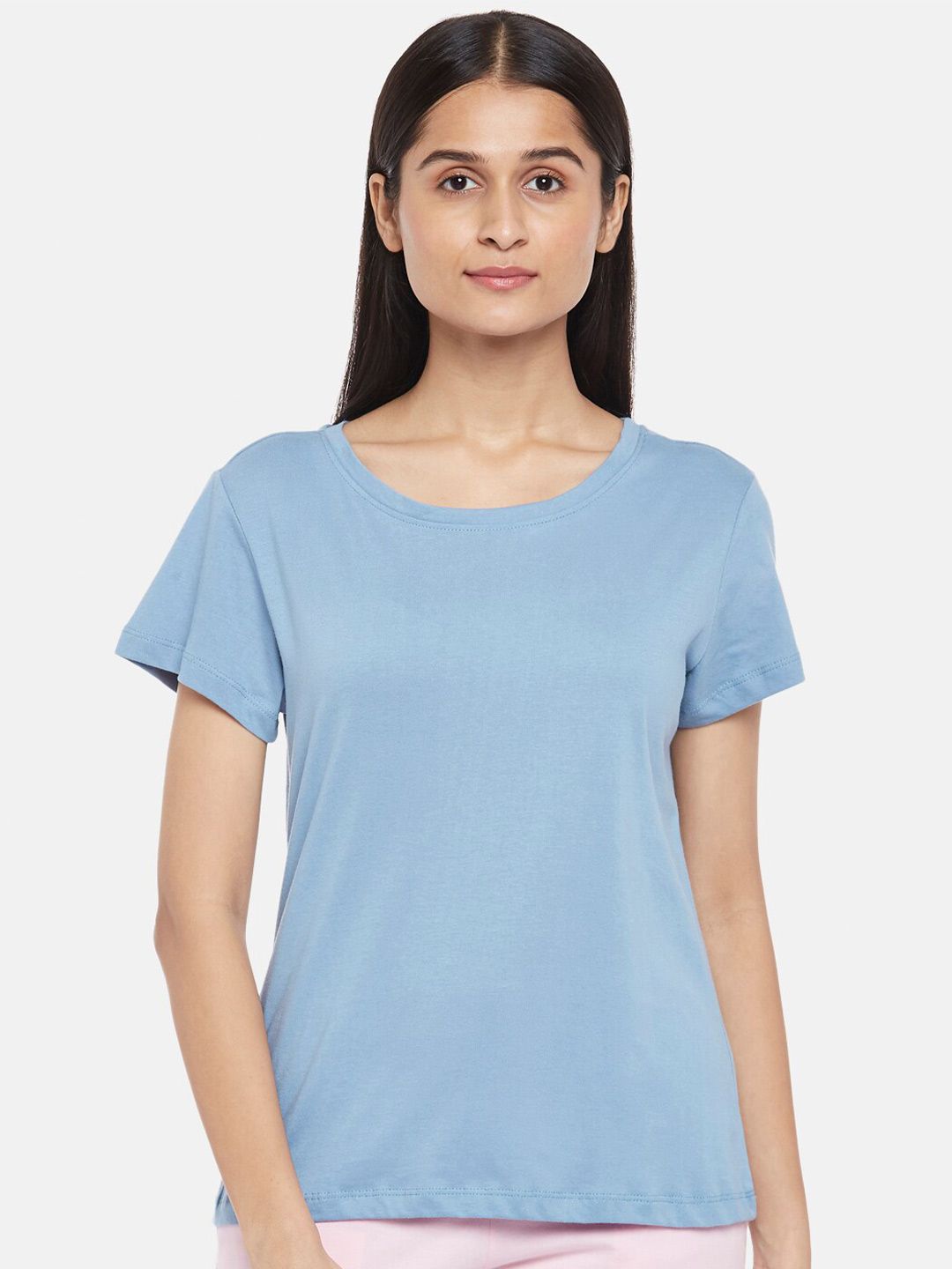 Dreamz by Pantaloons Blue Solid Round Neck Pure Cotton Regular Lounge tshirt Price in India