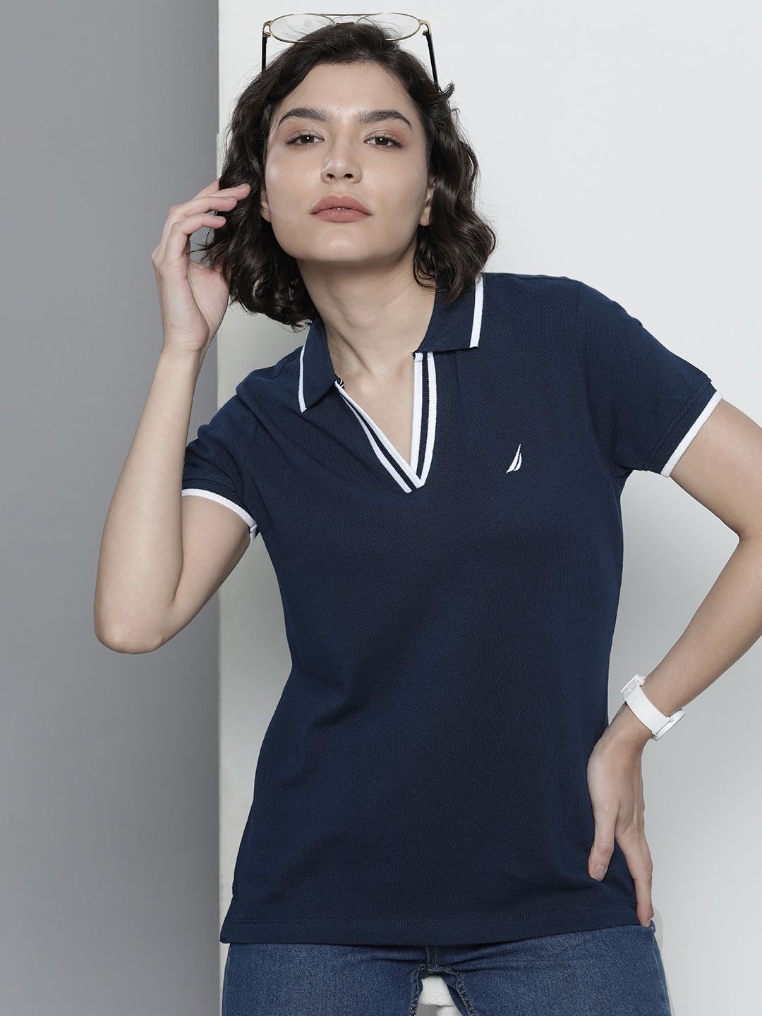Nautica Women Navy Blue Solid Polo Collar Pure Cotton T-shirt Price in India