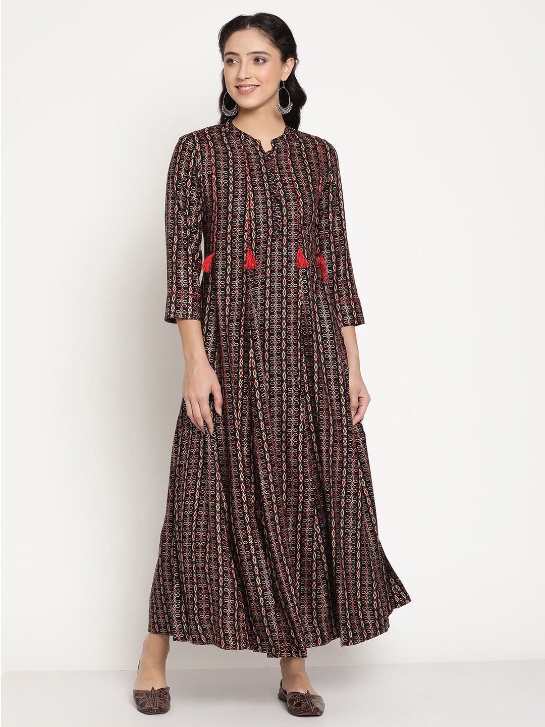 Be Indi Women Black & Red Ethnic Motifs Ethnic Maxi Dress Price in India