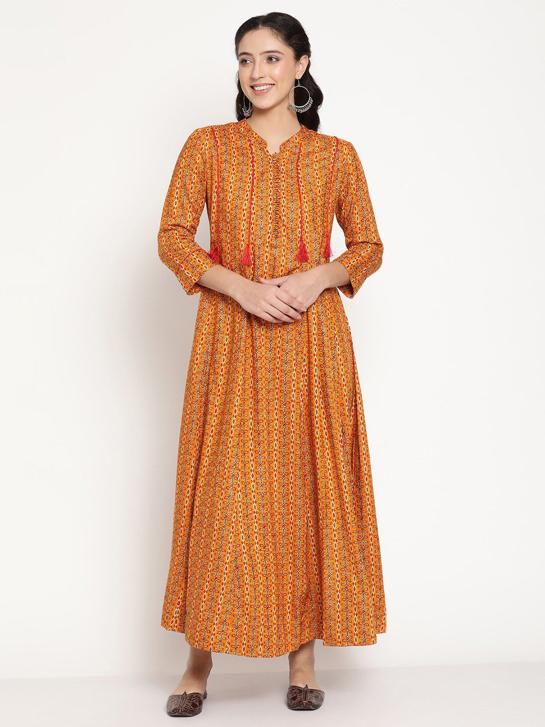 Be Indi Mustard Yellow Ethnic Motifs Maxi Dress Price in India