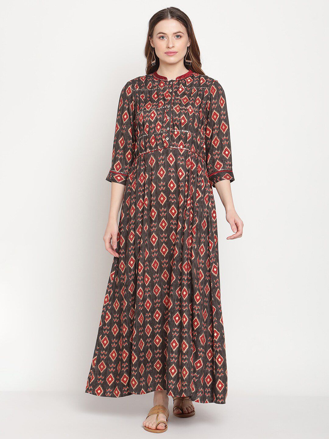 Be Indi Women Grey & Maroon Printed Maxi Dress Price in India