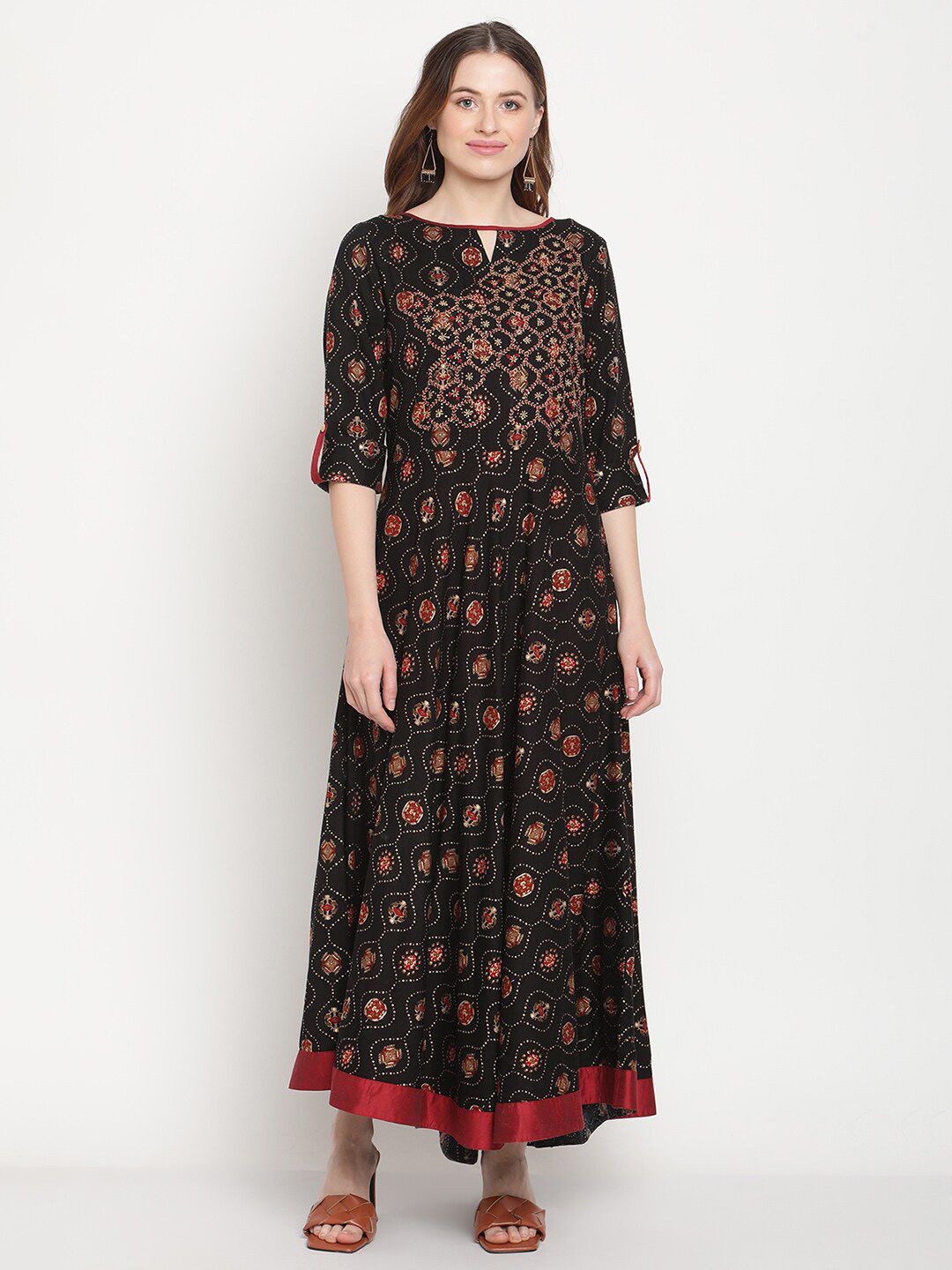 Be Indi Women Black Floral Print And Embroidered Detail Ethnic Maxi Dress Price in India