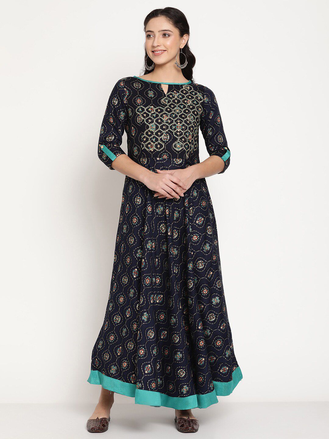 Be Indi Navy Blue Floral Keyhole Neck Ethnic Maxi Dress Price in India