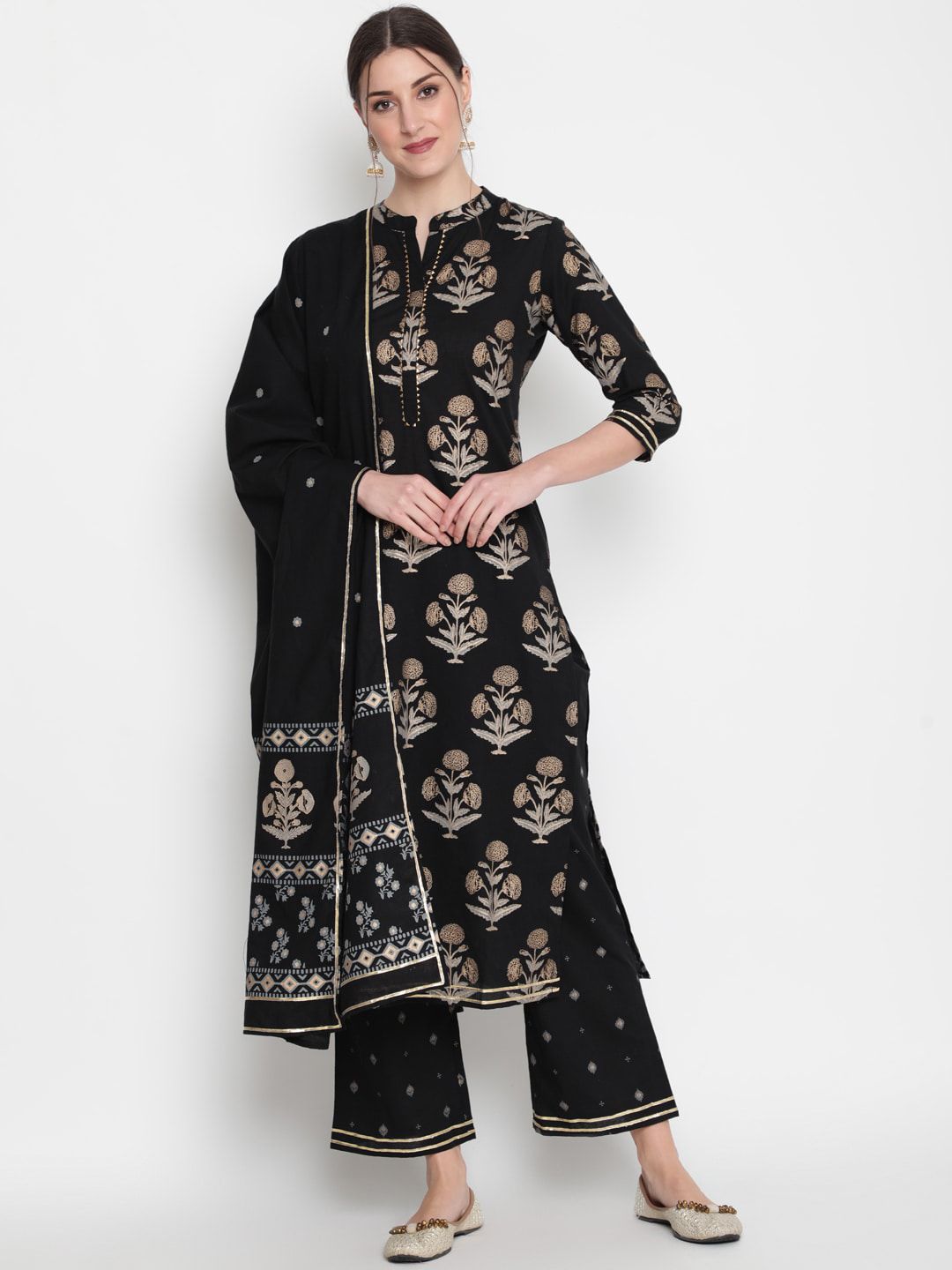 GLAM ROOTS Women Black Floral Printed Panelled Gotta Patti Pure Cotton Kurti with Palazzos & With Dupatta Price in India