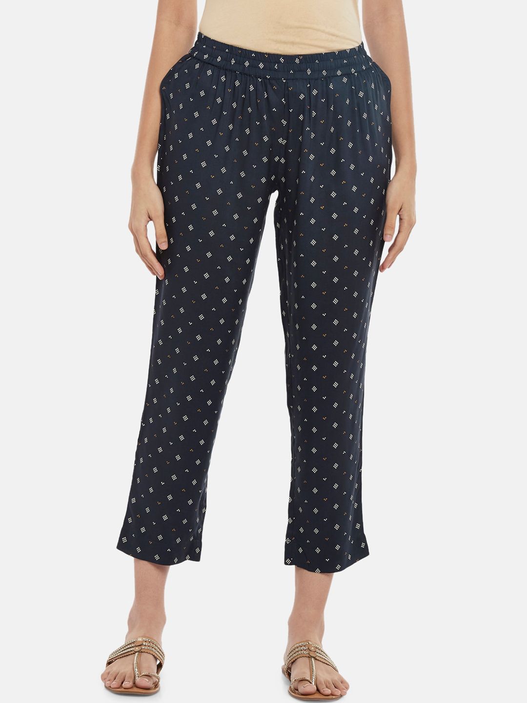RANGMANCH BY PANTALOONS Women Navy Blue Printed Trousers Price in India