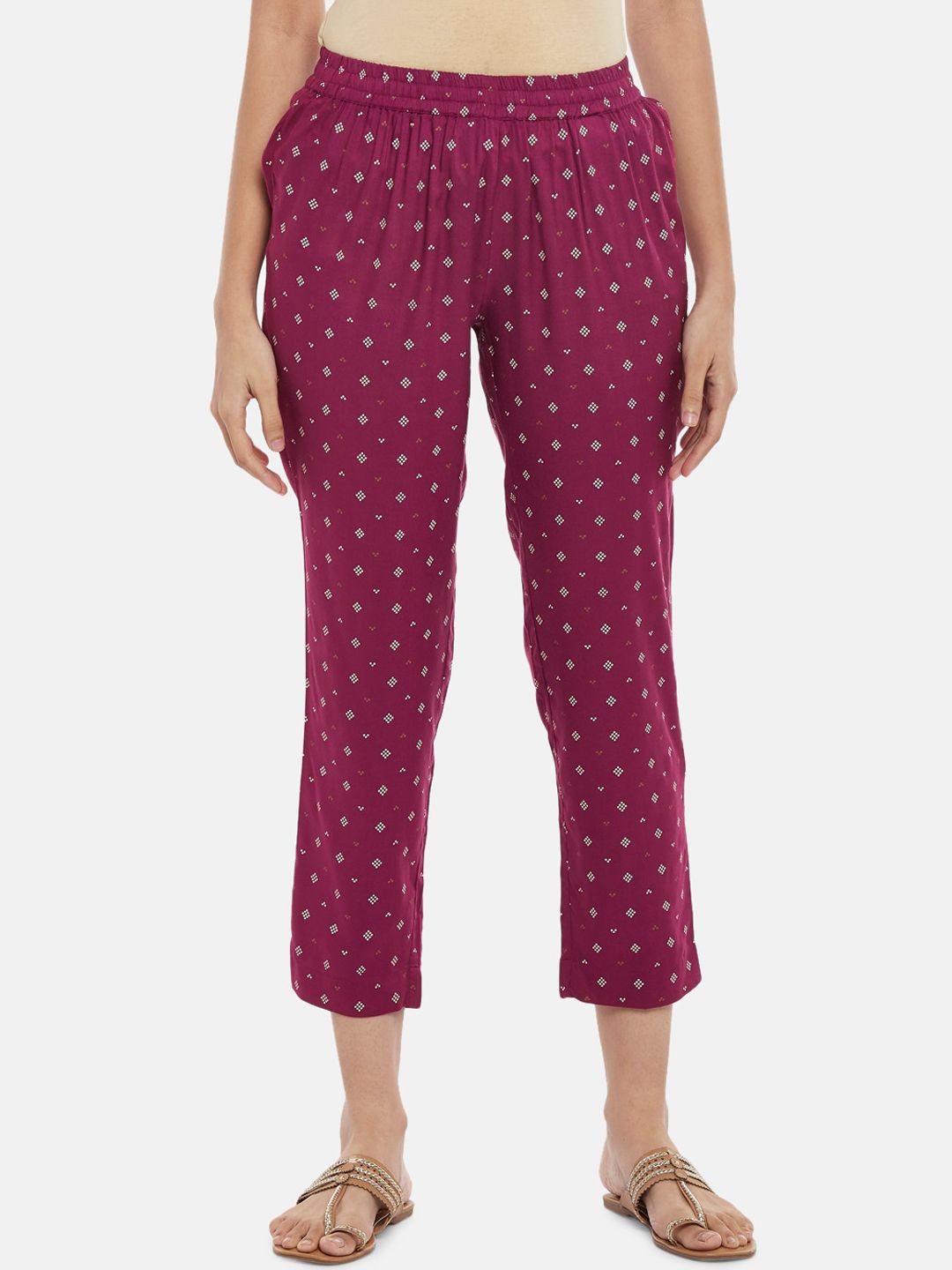 RANGMANCH BY PANTALOONS Women Maroon Printed Trousers Price in India