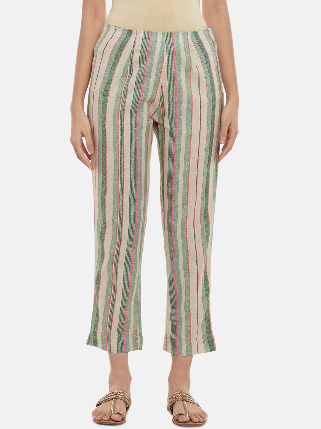 RANGMANCH BY PANTALOONS Women Beige Striped Trousers Price in India