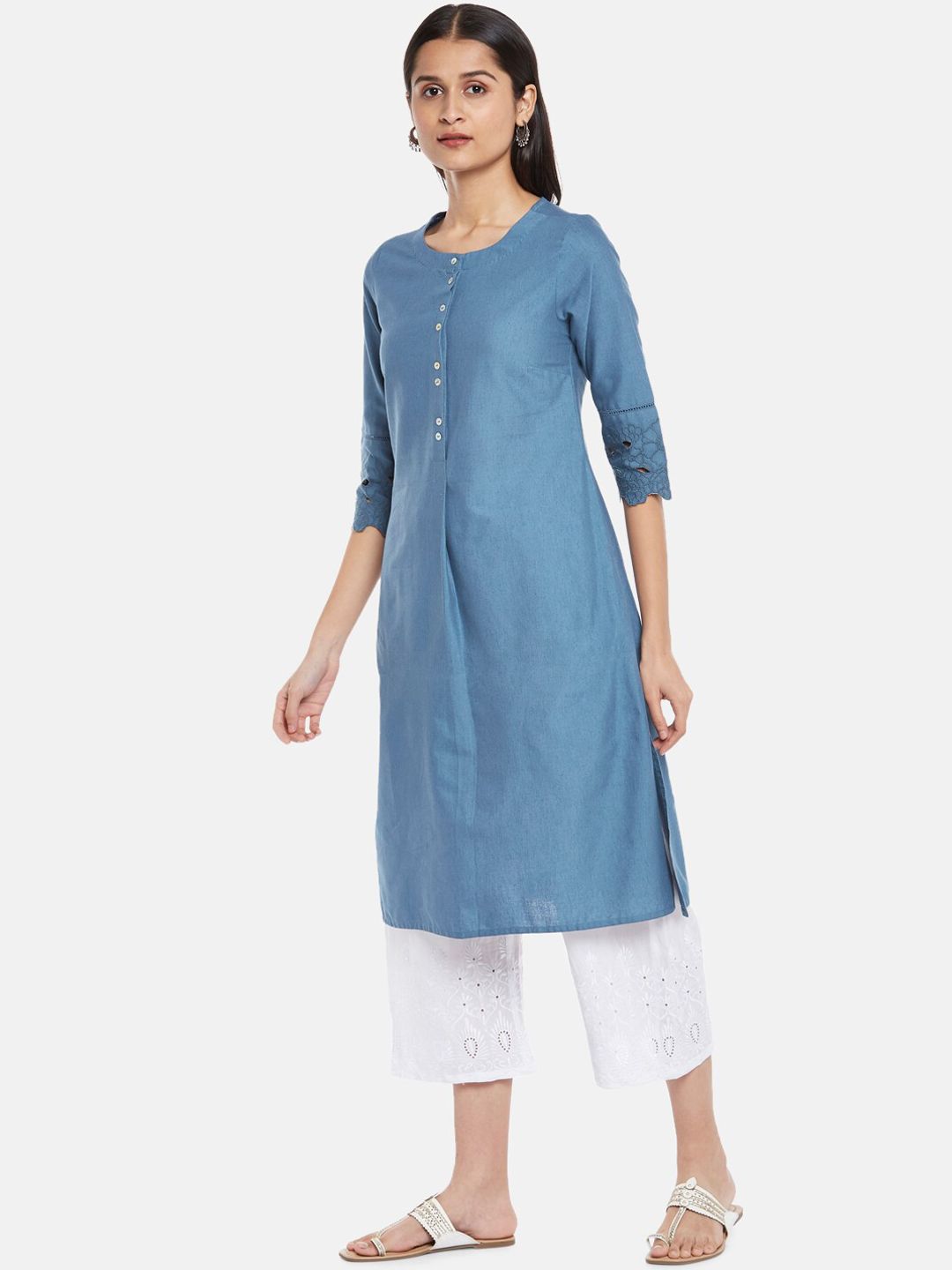 RANGMANCH BY PANTALOONS Women Blue Striped Thread Work Kurta Price in India