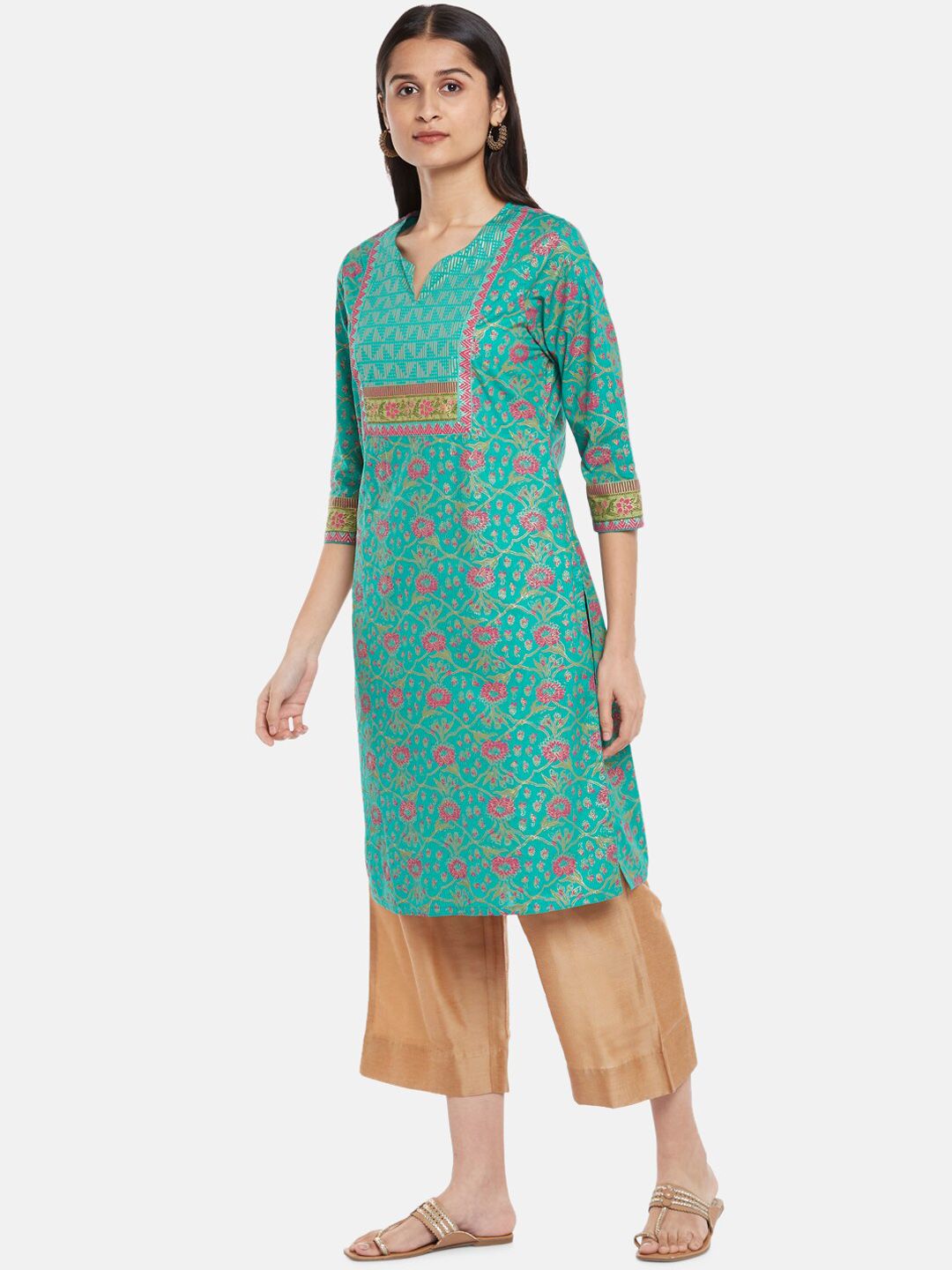 RANGMANCH BY PANTALOONS Women Turquoise Blue Ethnic Motifs Printed Keyhole Neck Kurta Price in India