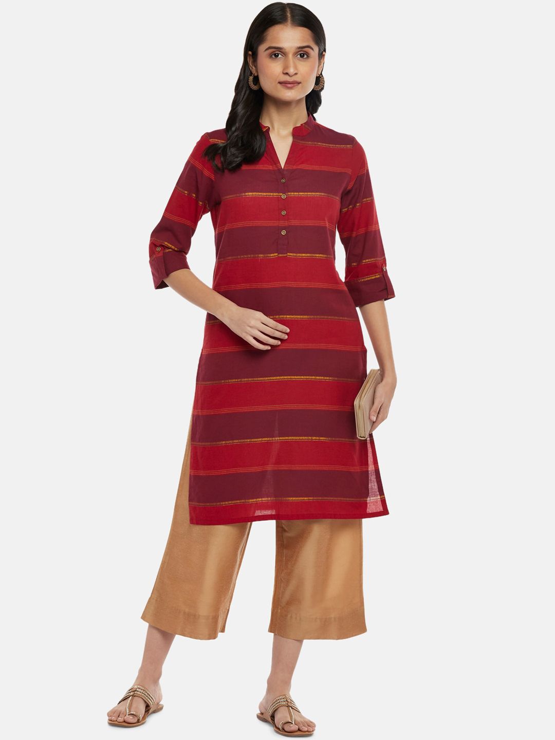 RANGMANCH BY PANTALOONS Women Red Chevron Striped Thread Work Kurta Price in India